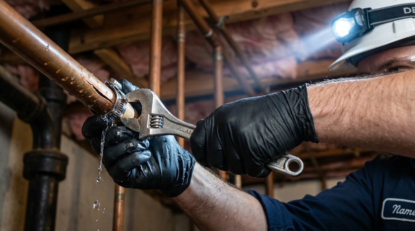 Emergency pipe clamp repair being performed by a Johns Plumbing LLC plumber in Ashland