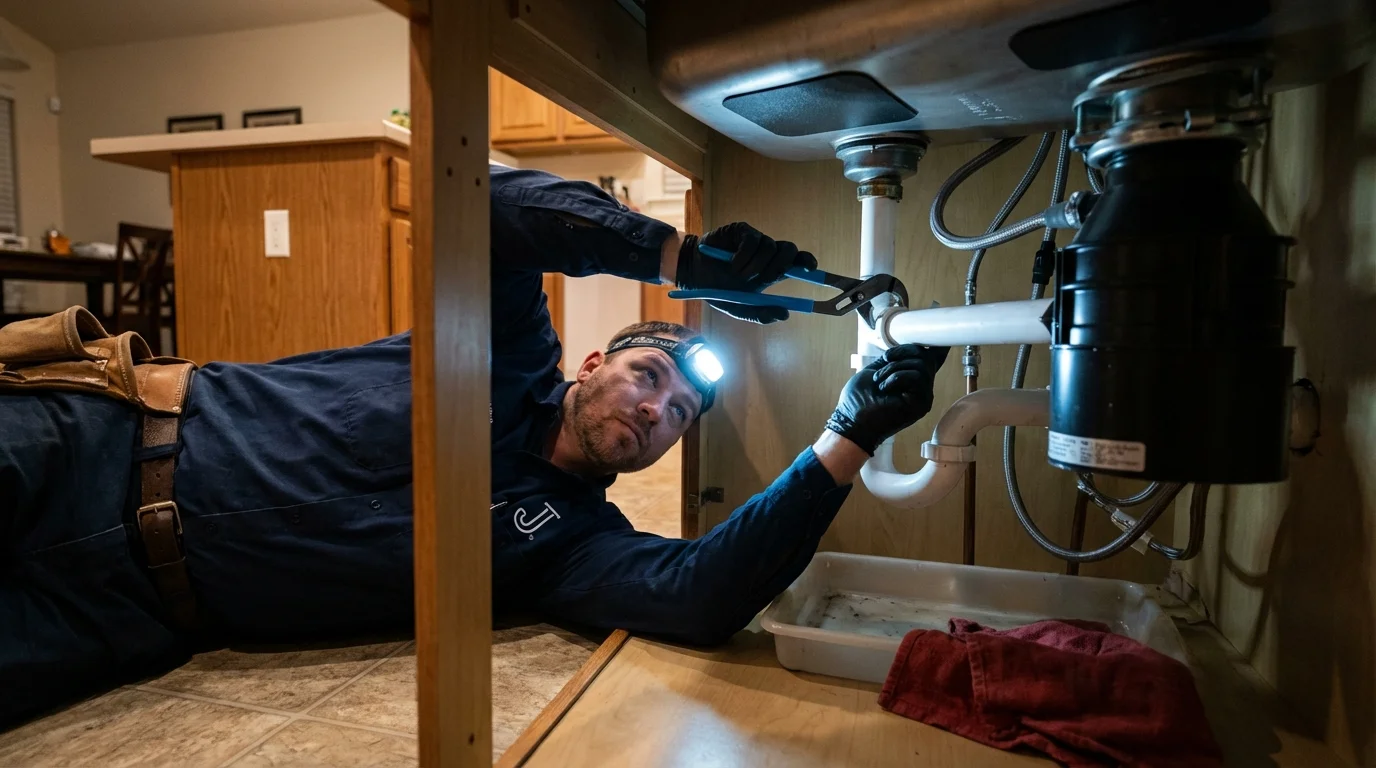 P-trap and supply line connections under a kitchen sink showing a common leak point in Ashland, KY